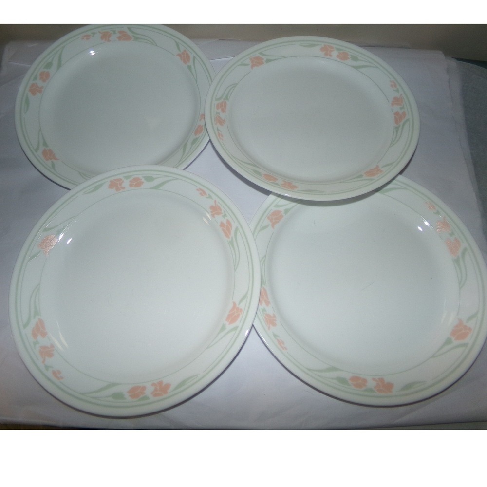 Vintage Corelle by Corning Peach Garland Tulips 4 Piece Dinner Plate Set